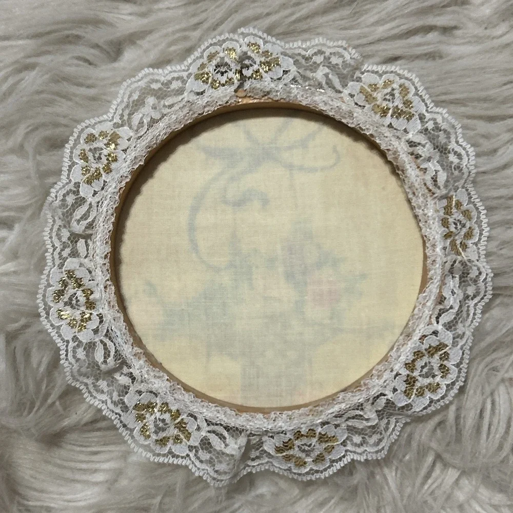 Set Of 2 Needlepoint Framed Stitched Lace Floral Baskets Bows Grannycore Vintage